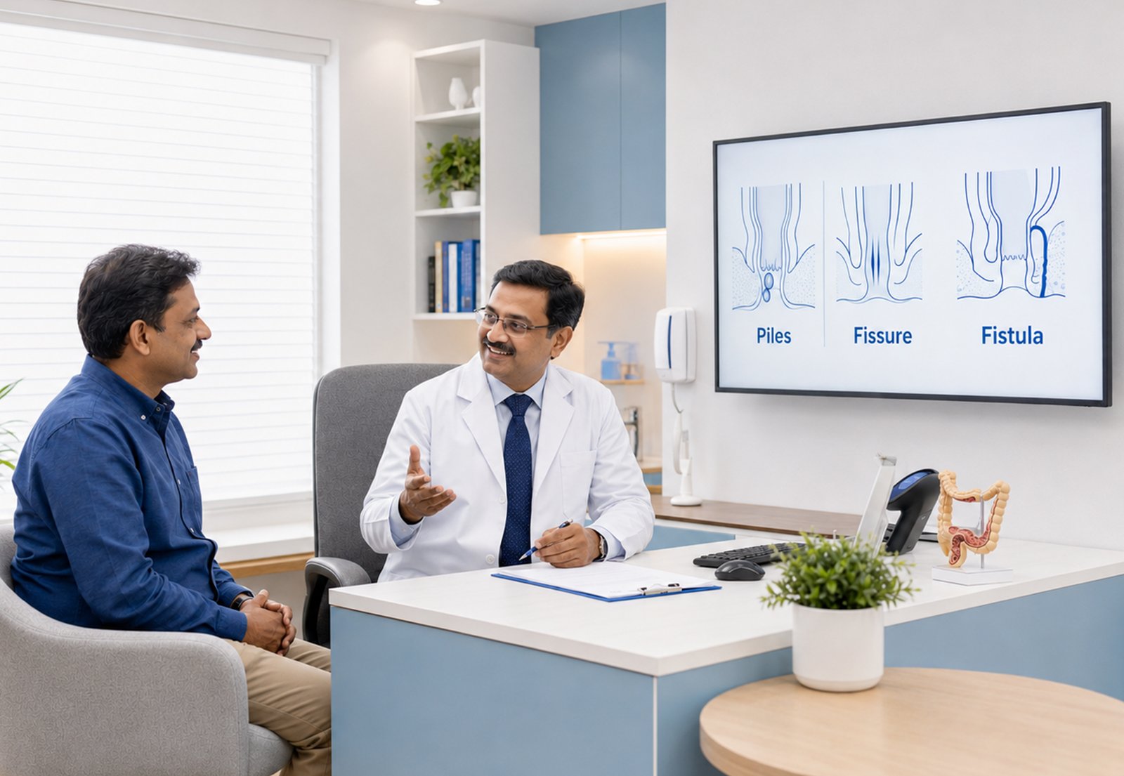 Comparison of piles, fissure and fistula symptoms and treatment options.